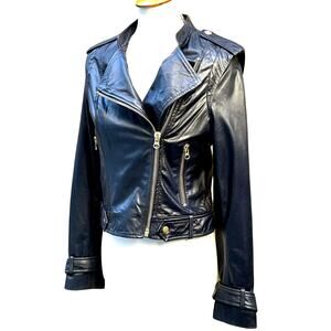 Kookai Paris Genuine Leather Biker Jacket Navy Blue Size 38 New With Tags